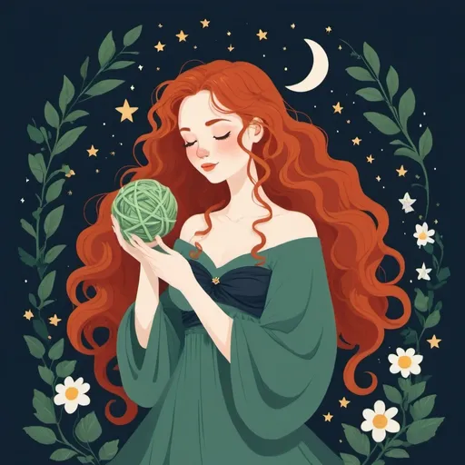 Prompt: Flat illustration a redhead witch, closed eyes, curly hair, flowers in hair, holding yarn ball, moon and stars, night, blue and white flowers, green leaves, 
 simple forms, simple shapes, vector, minimalism