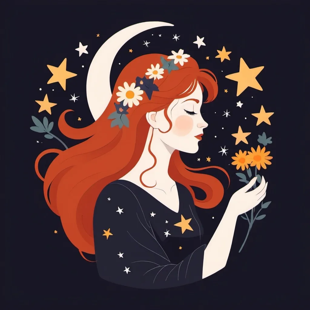 Prompt: Flat illustration a redhead witch with flowers in her hair, yarn, moon and stars, simple forms, simple shapes, vector, minimalism