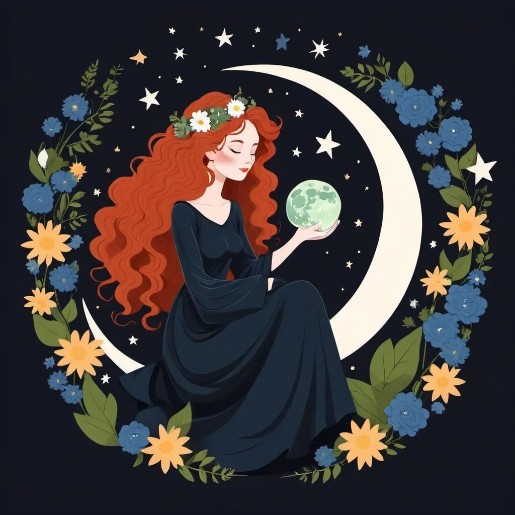 Prompt: Flat illustration a redhead witch with flowers in her curly hair holding yarn ball, blue and white flowers with green leaves, crescent moon, closed eyes, black dress, stars, night, nature, wild, free, simple forms, simple shapes, vector, minimalism