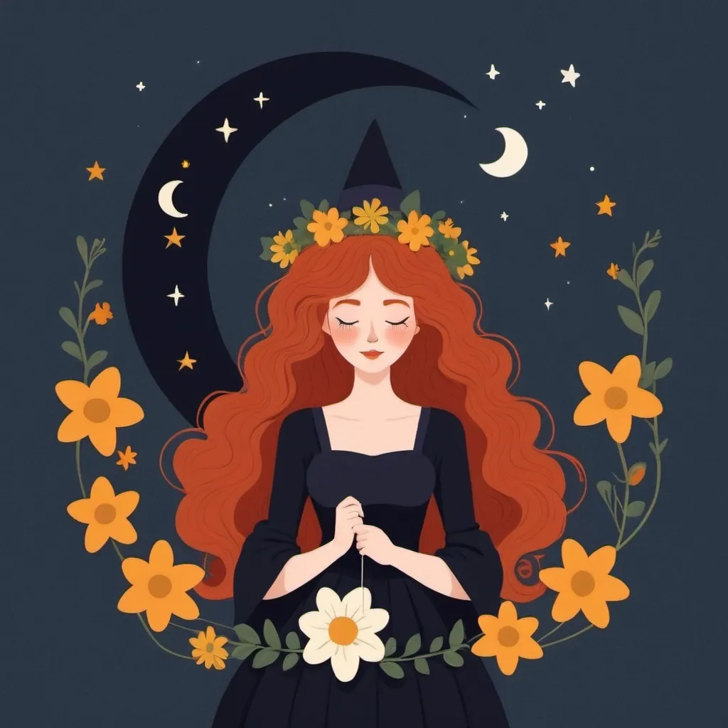 Prompt: Flat illustration a redhead witch with flowers in her curly hair, holding yarn, witch hat, closed eyes, moon and stars, simple forms, simple shapes, vector, minimalism