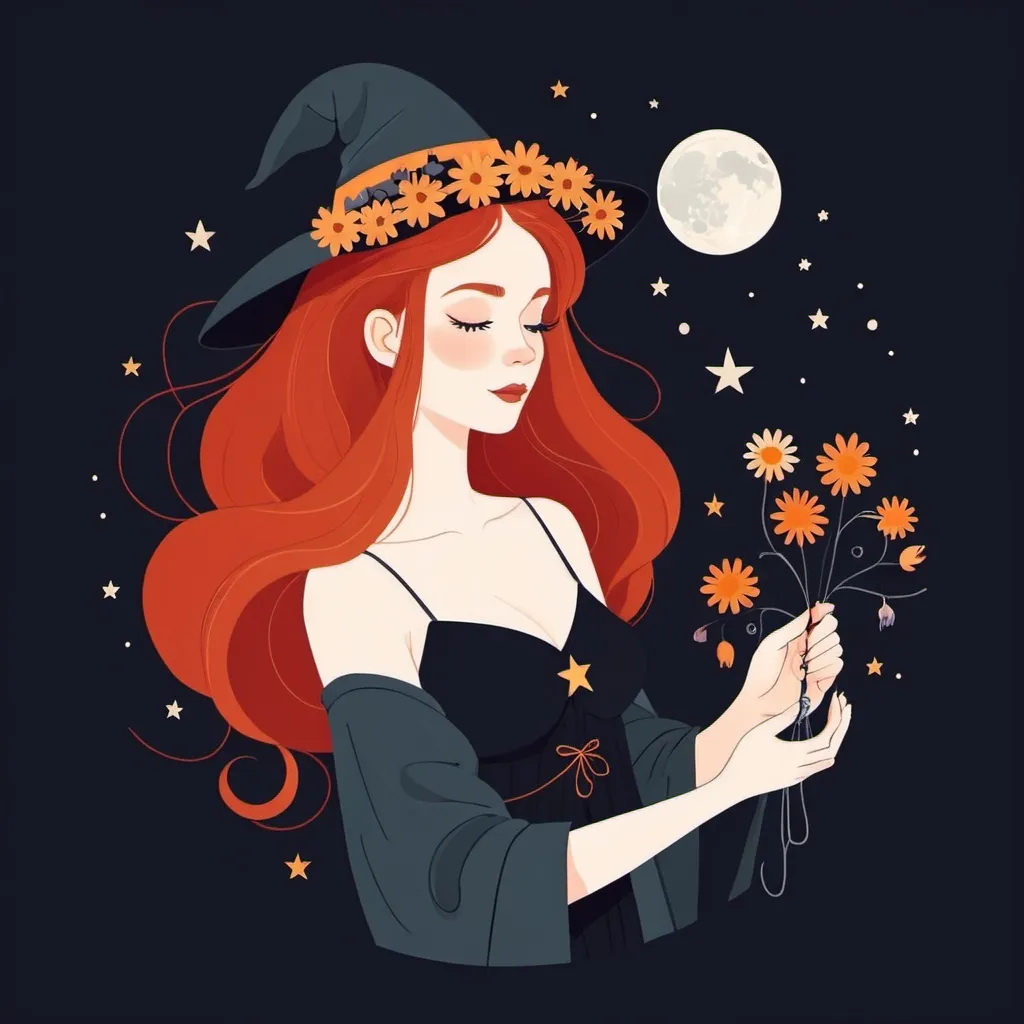 Prompt: Flat illustration a beautiful redhead witch with flowers in her hair holding a yarn ball, night, moon, simple forms, simple shapes, vector, minimalism