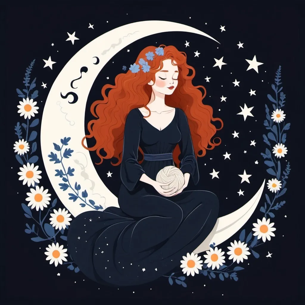 Prompt: Flat illustration a redhead witch with flowers in her curly hair holding yarn ball, blue and white flowers, sitting on a crescent moon, closed eyes, black dress, stars, night, nature, wild, free, simple forms, simple shapes, vector, minimalism