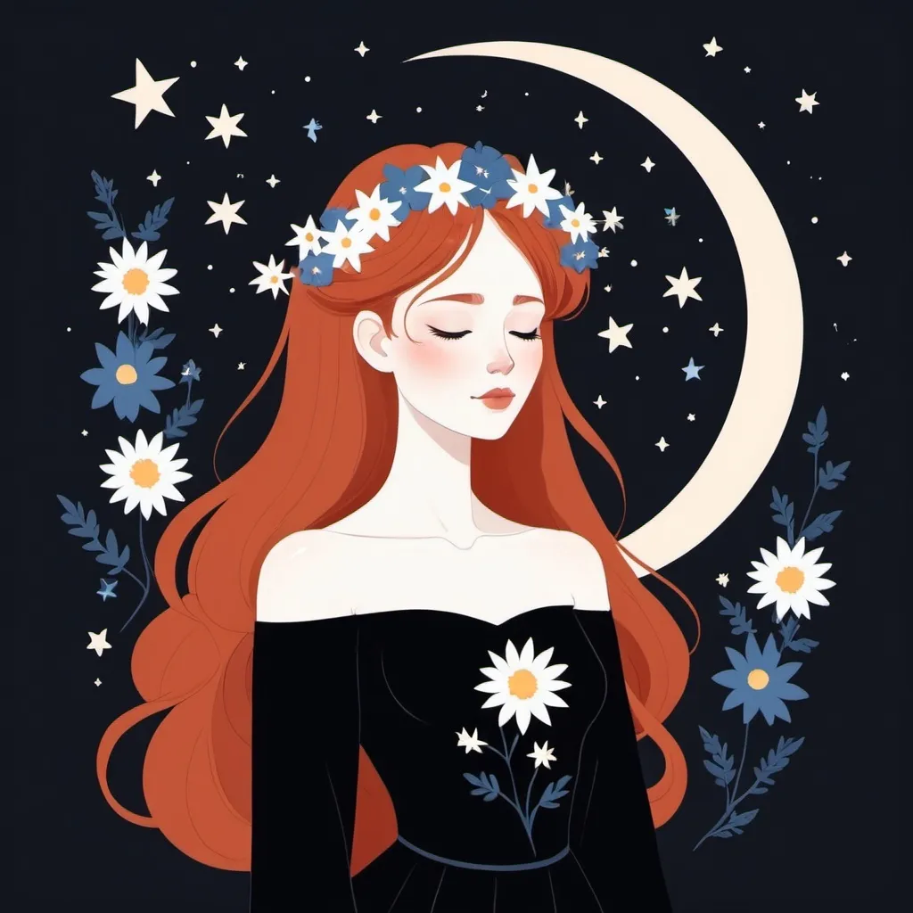 Prompt: Flat illustration a redhead witch with white and blue flowers in her hair, crescent moon, closed eyes, black dress, stars, night, simple forms, simple shapes, vector, minimalism