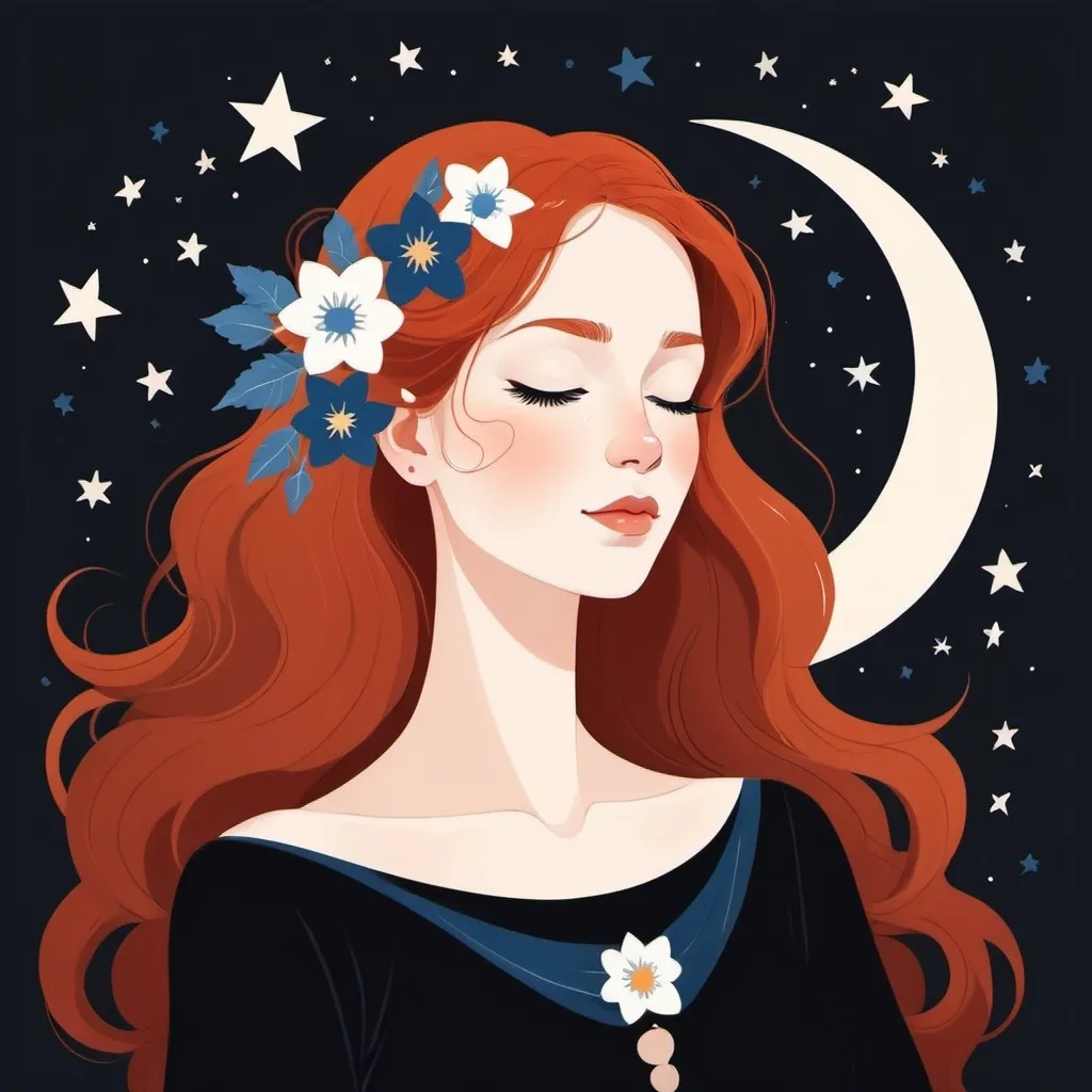 Prompt: Flat illustration a redhead witch with white and blue flowers in her hair, crescent moon, closed eyes, black dress, stars, night, simple forms, simple shapes, vector, minimalism