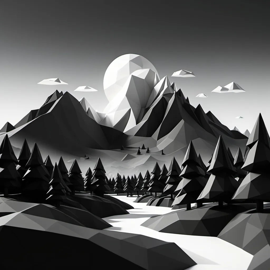 Prompt: cute simple low poly render mountain landscape black and white