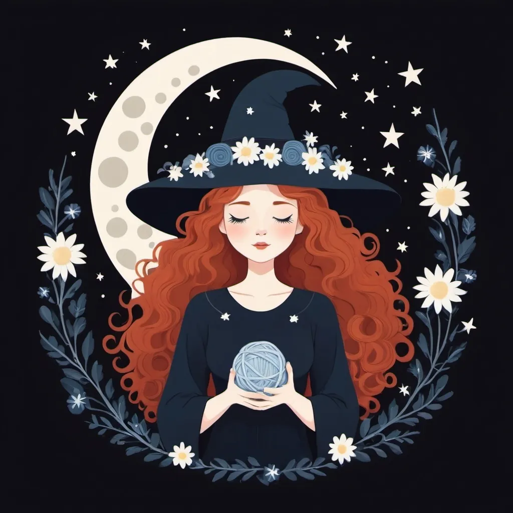 Prompt: Flat illustration a redhead witch with white and blue flowers in her curly hair, holding yarn ball, witch hat, closed eyes, moon and stars, black background, simple forms, simple shapes, vector, minimalism