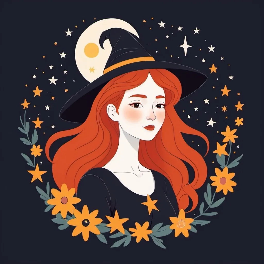 Prompt: Flat illustration a redhead witch with flowers in her hair, yarn, moon and stars, simple forms, simple shapes, vector, minimalism