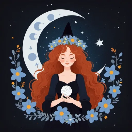 Prompt: Flat illustration a redhead witch with white and blue flowers in her curly hair, holding yarn ball, witch hat, closed eyes, moon and stars, black background, simple forms, simple shapes, vector, minimalism