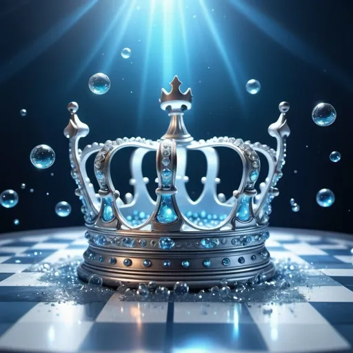 Prompt: (bubbly bluish futuristic background), shiny sparkly accents, small clear checkmate pieces floating through the air, a (big silver crown) glowing in (blue and white light), hovering tilted over a (silver platform), ethereal ambiance, dreamy and whimsical mood, ultra-detailed, high quality, vibrant colors, mesmerizing sparkle effects, enchanting atmosphere.