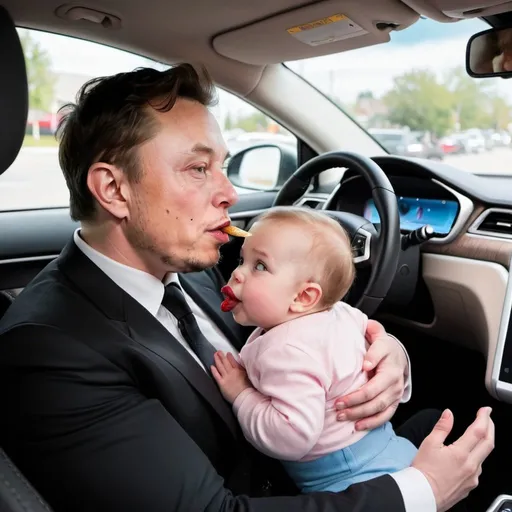 Prompt: baby elon musk driving a to wendys kissing a girl