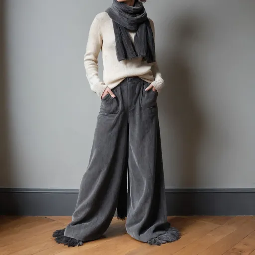 Prompt: a woman wears anthracite gray fine corduroy palazzo trousers. He's wearing a fuzzy borderless sweater and a large, charcoal gray fringeless scarf. The woman is barefoot. the woman is in a room without furniture and the floor is made of dark wooden parquet