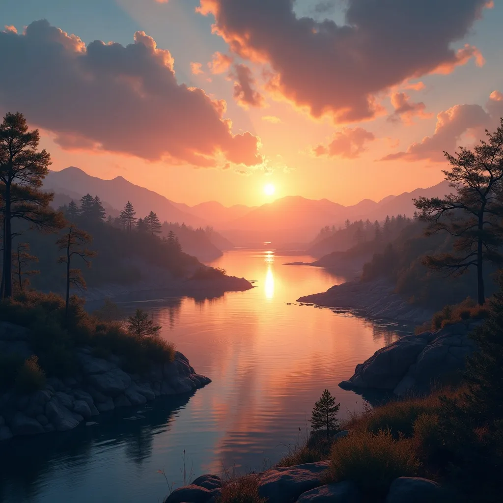Prompt: un paisaje con un lago en atardecer
