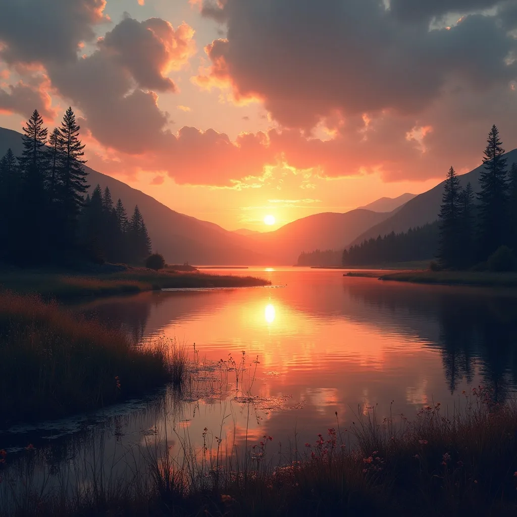 Prompt: un paisaje con un lago en atardecer