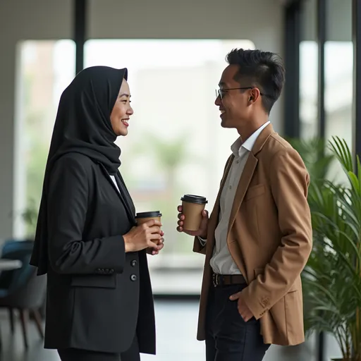 Prompt: An Indonesian female fresh graduate brings coffee for her senior colleague as a friendly gesture. They chat briefly, smile, and walk back to their desks, indicating the beginning of a good professional relationship. No text.