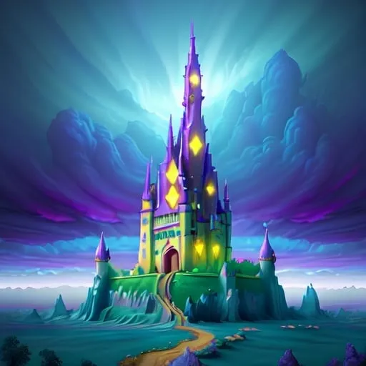 Prompt: castle in a Surreal landscape with bright light, vibrant clouds, towering skyscrapers, mystical atmosphere, highres, detailed surrealism, vibrant colors, fantasy, ethereal lighting, dreamlike, magical realism, glowing clouds, sharp contrast, professional, atmospheric lighting
