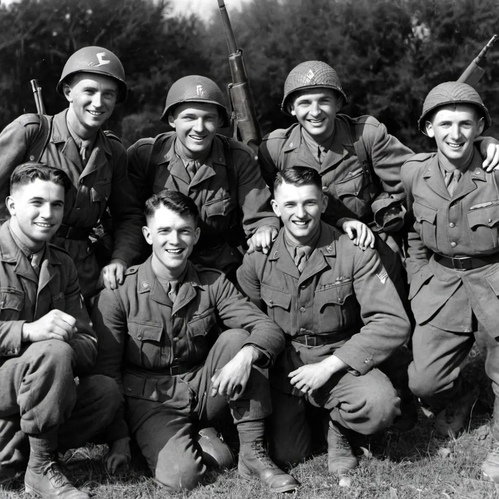 Prompt: 5 World War 2 American soldiers posing together in the field after a battle.