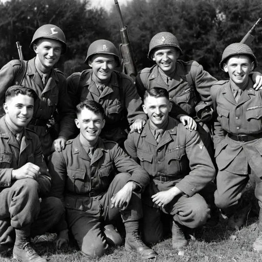 Prompt: 5 World War 2 American soldiers posing together in the field after a battle.