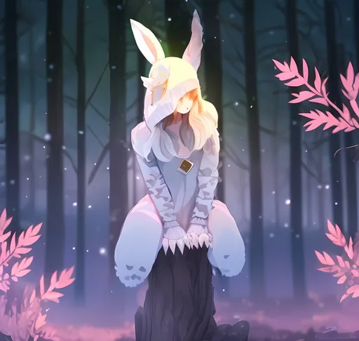 Prompt: bunny ears, hood, demihuman, fur coat, anime style, high detail digital art, sitting on a tree stump, anime forest background