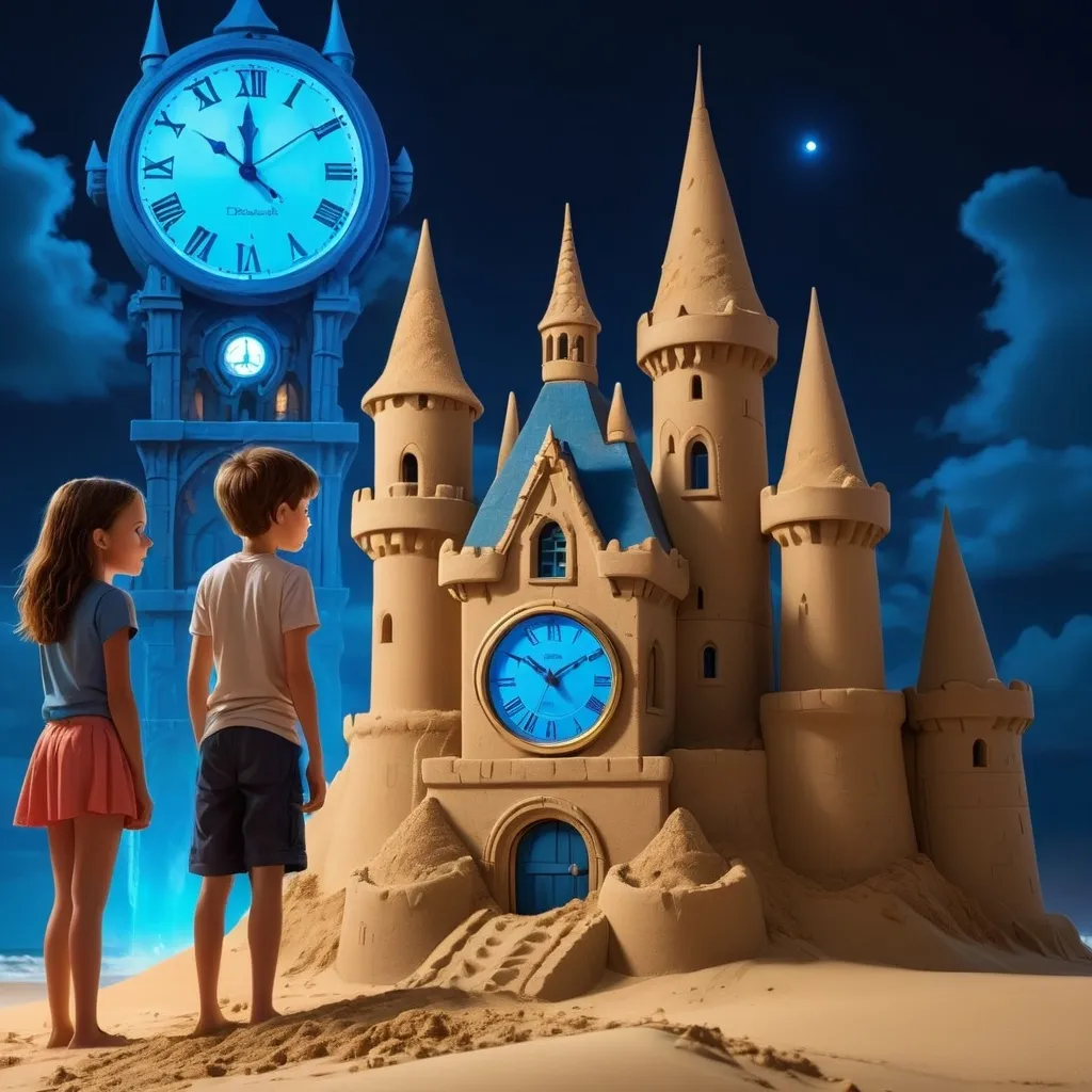 Prompt: HUGE magical sandcastle at night. A taller girl and a shorter boy are looking at it. Blue glowing clock is on the center tower.