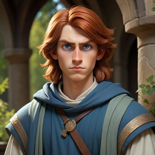 Prompt: Create an image of a young adult male human cleric with a youthful visage. He has thick, shoulder-length auburn hair and smooth olive-toned skin, free of the marks of age. His eyes are a bright and striking blue, full of hope and the eagerness of youth. He stands at a height of 6 feet 1 inch with a lean build, weighing around 190 pounds. Although he appears to be around 20 years old, his confident posture suggests a maturity beyond his years. He is dressed in simpler, less ornate cleric's robes that are befitting of a novice or acolyte in a medieval fantasy setting, indicating his early journey on the path of his faith.