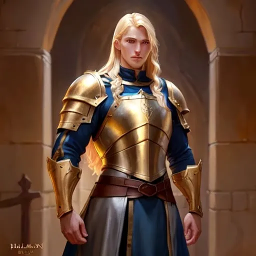 Prompt: Human Paladin in mid-20s, 6 ft tall, solid and muscular, blonde hair, blue eyes, seasoned by years of training, high detail, realistic painting, medieval fantasy, golden lighting, heroic stance