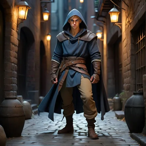 Prompt: Create an image of a young male human rogue with blonde, slicked back, short hair, olive, tanned, smooth skin, blue, piercing, hooded eyes, standing at 5'10" tall, weighing 160 lbs, and appearing to be 28 years old. The rogue is dressed in dark leather armor, with a cloak draped over his shoulders and a dagger strapped to his belt. He is crouched in a shadowy alley, with a sly expression on his face as he prepares to make a stealthy move. The background should include urban elements like cobblestone streets and dimly lit lanterns to enhance the atmosphere of mystery and intrigue.