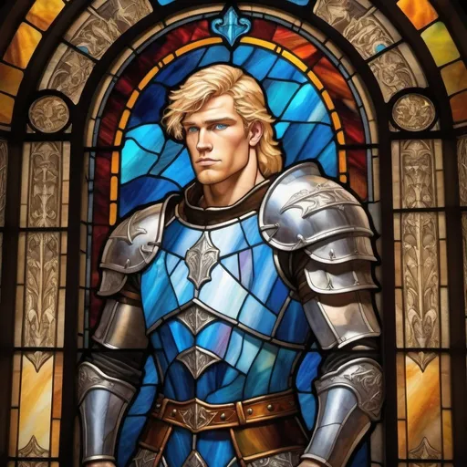 Prompt: create an image of "A Human Paladin standing tall at 6 ft, with blonde hair and blue eyes. Solid, muscular, and in his mid-20s, seasoned by years of training. in a coliseum "