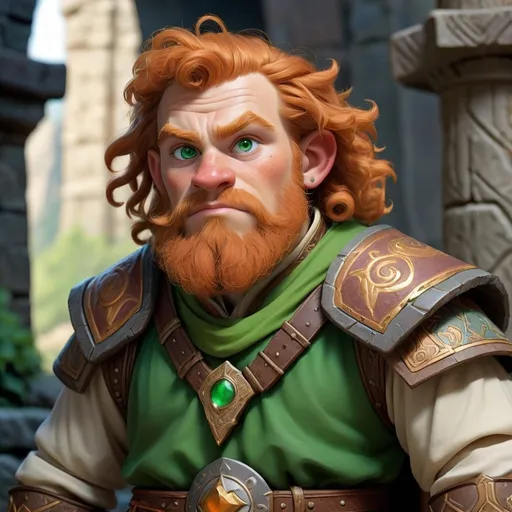 Prompt: Create an image of a young male Hill Dwarf cleric. He has short, curly ginger hair and tanned leather skin. His eyes are a vivid and bright green, sparkling with youthful energy and curiosity. He stands at a sturdy 4 feet 3 inches and has a solid, muscular build, weighing 145 pounds. At 25 years old, he is considered a young adult by dwarven standards, with a fresh face and an eager demeanor. He is dressed in the practical, yet finely crafted, vestments of a novice cleric, including a symbol of his deity emblazoned on his chest. The setting is a fantasy world, with an ancient stone temple in the background, indicating his deep connection to his faith and ancestry.