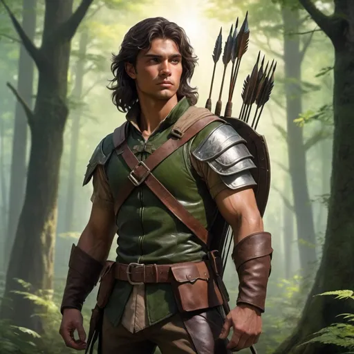 Prompt: Create an image of a young male human ranger with dark brown, long, wavy hair, tan, weathered, dark brown tanned skin, green eyes, standing at 6'0" tall, weighing 170 lbs, and appearing to be 30 years old. The ranger is clad in earth-toned leather armor, with a bow slung over his shoulder and a quiver of arrows at his side. He is standing at the edge of a dense forest, gazing out with a look of determination and readiness, as shafts of sunlight filter through the canopy above him, casting dappled light on the forest floor. no flaws with eyes
