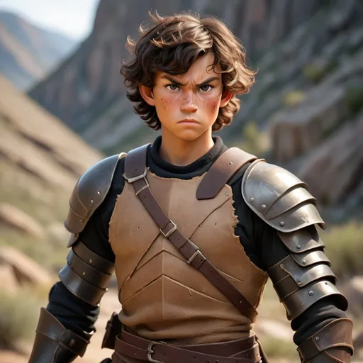Prompt: Create an image of a young male human fighter with black, short, wavy hair, tan, scarred, rough skin, hazel, intense, standing at 6'1" tall, weighing 190 lbs, and appearing to be 25 years old. This fighter is wearing worn leather armor, holding a sword in one hand and a shield in the other, with a determined expression on his face as if preparing for battle in a rugged landscape.