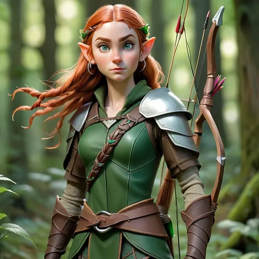 Prompt: Create an image of a young female elf ranger with silver, long, braided hair, fair, freckled, smooth skin, emerald, sharp, standing at 5'8" tall, weighing 140 lbs, and appearing to be 130 years old (equivalent to a young adult in elven years). The ranger is dressed in forest green and brown leather armor, wielding a bow and quiver of arrows, standing gracefully in a lush woodland setting with a sense of keen awareness and readiness for adventure.