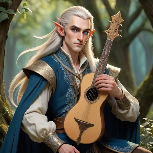 Prompt: Create a detailed portrait of a young High Elf Bard. He has long, silky silver-blond hair that cascades elegantly over his shoulders and alabaster skin that glows with an ethereal light. His eyes are a striking sapphire blue, gleaming with intelligence and wit. He stands tall at 5 feet 9 inches with a slender, graceful build, typical of the High Elves, and weighs about 130 pounds. Despite being 110 years old, which is considered young for his race, he carries the timeless beauty and youthful vigor of the High Elves. He is stylishly attired in an ensemble befitting a performer of his stature: a richly embroidered doublet, a flowing cloak that catches the wind, and an ornate lute slung across his back. The background should reflect an elegant fantasy setting, perhaps an ancient elven city or a lush, magical forest, that complements his high-born and artistic nature.