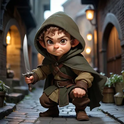 Prompt: Create an image of a young halfling rogue with brown, curly, short hair, olive, smooth, unblemished skin, brown, mischievous, sparkling eyes, standing at 3'6" tall, weighing 60 lbs, and appearing to be 30 years old (equivalent to a young adult in halfling years). The rogue is dressed in dark, stealthy clothing, with a hood pulled up and a cloak billowing behind them. They are crouched in a sneaky pose, holding a dagger in one hand and a pouch of stolen goods in the other, with a sly grin on their face as they navigate a dimly lit alleyway in a bustling city.
