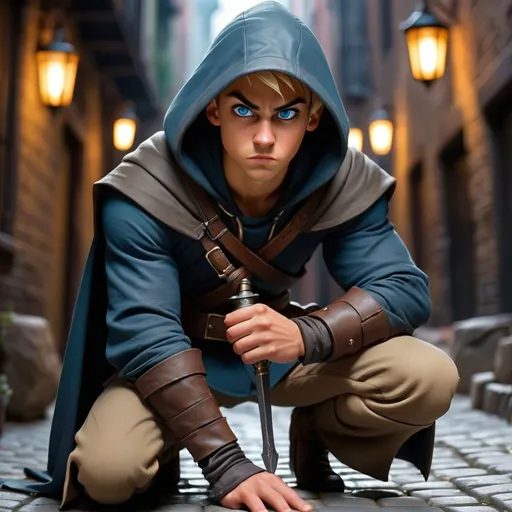 Prompt: Create an image of a young male human rogue with blonde, slicked back, short hair, olive, tanned, smooth skin, blue, piercing, hooded eyes, standing at 5'10" tall, weighing 160 lbs, and appearing to be 28 years old. The rogue is dressed in dark leather armor, with a cloak draped over his shoulders and a dagger strapped to his belt. He is crouched in a shadowy alley, with a sly expression on his face as he prepares to make a stealthy move. The background should include urban elements like cobblestone streets and dimly lit lanterns to enhance the atmosphere of mystery and intrigue. Close up
