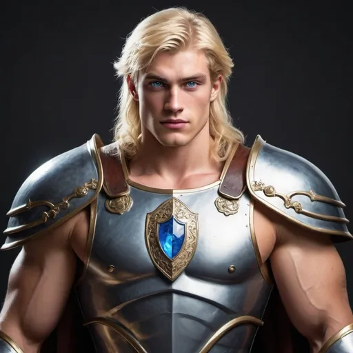 Prompt: create an image of "A Human Paladin standing tall at 6 ft, with blonde hair and blue eyes. Solid, muscular, and in his mid-20s, seasoned by years of training."