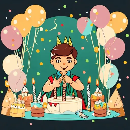 Prompt: An archer boy is celebrating his birthday. Surrounded with ballons, cakes. The image is cartoon and the picture is cozy.