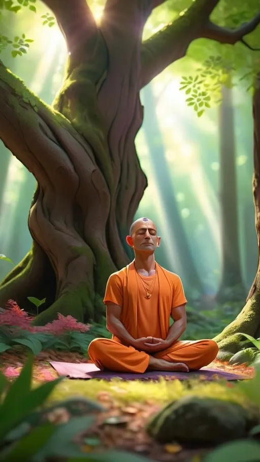 Prompt: (yogi meditating), under a magnificent tree, surrounded by lush greenery, vibrant colors of the forest, dappled sunlight filtering through leaves, serene atmosphere, feelings of tranquility and joy, high-quality detail, (4K), immersive natural setting, gentle breeze, colorful flowers in the background, calming shadows on the forest floor, peaceful expression on the yogi's face.