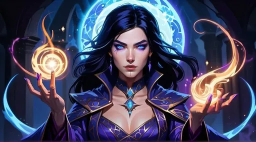 Prompt: digital art of black haired blue eyed mage casting purple spells