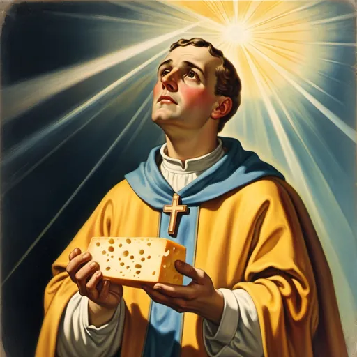 Prompt: A catholic saint looking up at a chunk of cheese emitnating rays of light praying. American circa 20th century,colorful,romanticism,full body