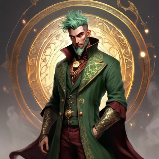 Prompt: full body, arcane sorcerer, handsome male, short green colored hair, stubble beard,  high magic medieval noble, fantasy character for dungeons and dragons, grey colored pupils, using a maroon three piece suit with gold details and a pocket watch.
