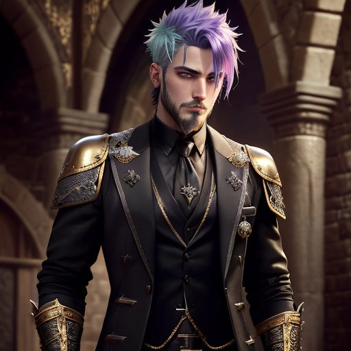 Prompt: Handsome male in high magic medieval noble attire, punk rock colored hair, stubble beard, grey pupils, black three piece suit with gold details, fantasy character, full body, detailed facial features, high magic, medieval noble, dungeons and dragons, fantasy, professional, detailed hair, intense and focused gaze, detailed clothing, luxurious, atmospheric lighting