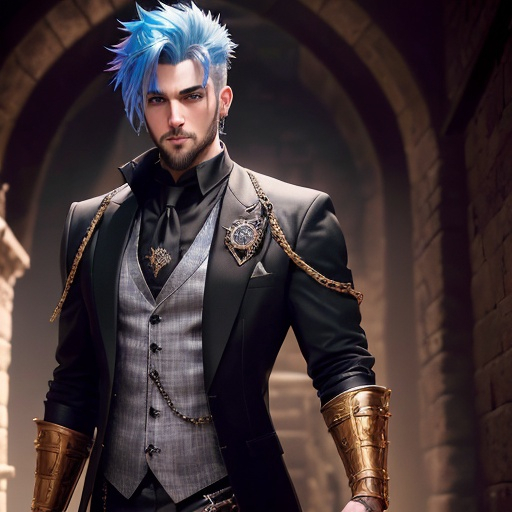 Prompt: Handsome male in high magic medieval noble attire, punk rock colored hair, stubble beard, grey pupils, black three piece suit with gold details, fantasy character, full body, detailed facial features, high magic, medieval noble, dungeons and dragons, fantasy, professional, detailed hair, intense and focused gaze, detailed clothing, luxurious, atmospheric lighting