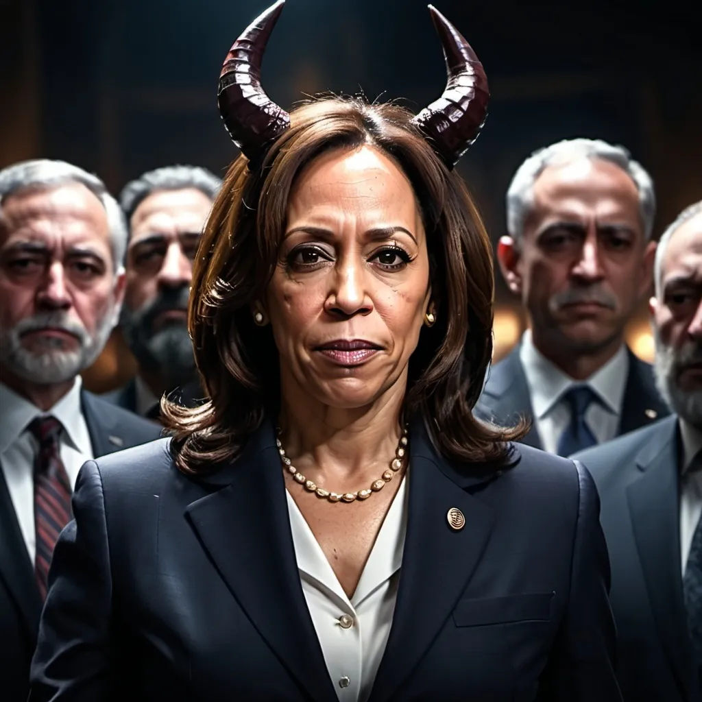 Prompt: kamala harris with jews and devil horns