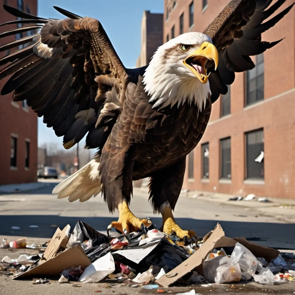 Prompt: bald eagle eating trash
