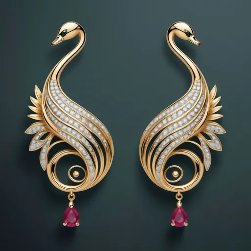 Prompt: "Design a luxurious pair of women's earrings inspired by the elegance of a swan. The earrings should feature intricate swan motifs, with graceful curves and flowing lines symbolizing beauty and poise. Use premium materials such as gold or platinum as the base, adorned with sparkling vibrant gemstones like rubies, sapphires, or emeralds. Incorporate detailed feather patterns and a dangling design to enhance movement and sophistication. The overall look should exude opulence, making it perfect for grand occasions."

