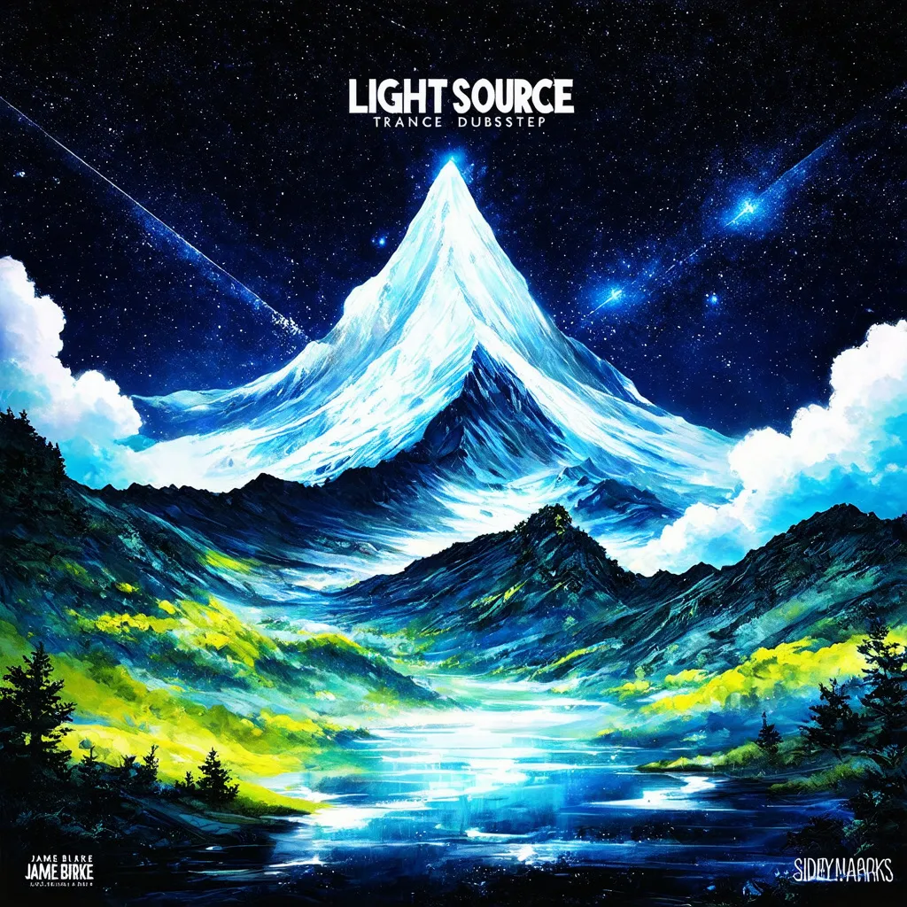 Prompt: create album artwork for light source trance/dubstep. maybe use scenery. anime stuff. maybe mountain maybe stars. need more ideas keep the artwork in tact and present more ideas fit for james burke and sidney marks
