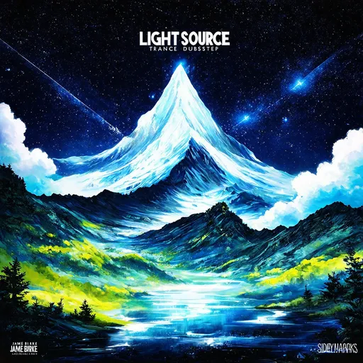 Prompt: create album artwork for light source trance/dubstep. maybe use scenery. anime stuff. maybe mountain maybe stars. need more ideas keep the artwork in tact and present more ideas fit for james burke and sidney marks
