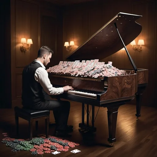 Prompt: A (man) playing an (open grand piano), featuring a (hidden poker table) inside, poker chips artfully scattered across the strings; (moody atmosphere) with dramatic lighting creating an intriguing ambiance, (ultra-detailed) texture making wood grain prominent, and hints of (glamorous) elegance surrounding the playful yet sophisticated scene.