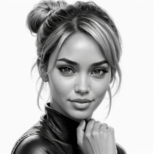 Prompt: A girl face from front, straight view, blond hair tied in bun, dark eyes, little smile, hand resting on cheek, model like Megan Fox or Vanessa Hudgens or Halle Berry, black leather dress, neutral white background, in  black and white manga pencil style 
