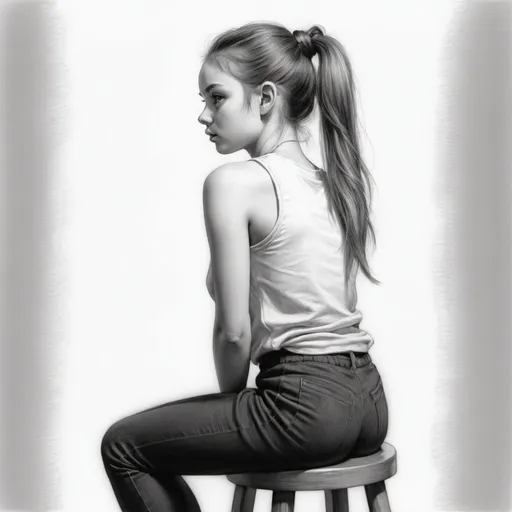 Prompt: girl in sitting on stool in half figure foward, hair tied up ponytail, black and white pencil, 